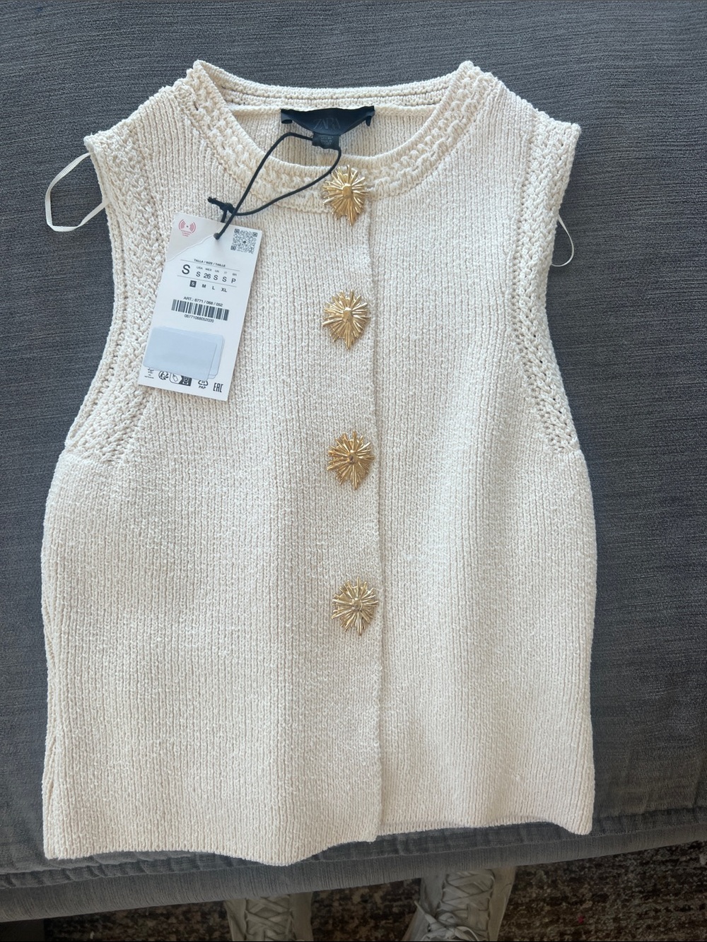 Zara Cream Knit Sleeveless Vest with Gold Star Buttons